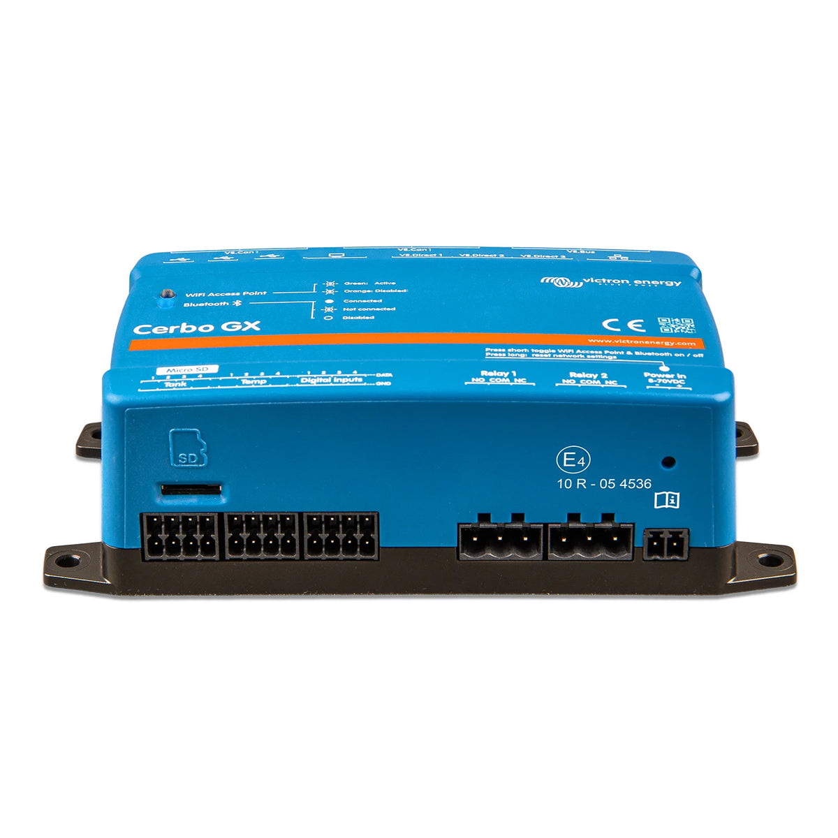 Front perspective view of the Victron Cerbo GX MK3 monitoring hub