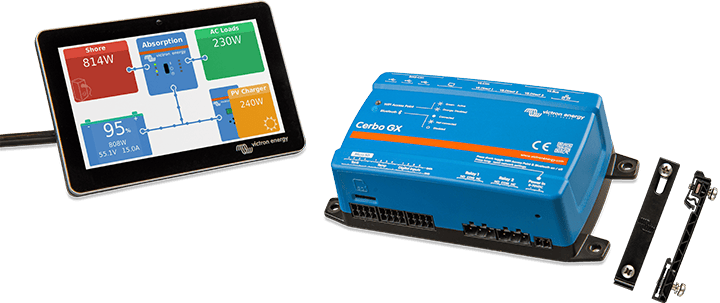 Victron Cerbo GX and Touch 50 screen shown with two small DIN35 adapters for system mounting