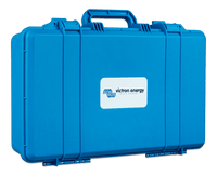 Angled perspective view of the blue Victron IP65 charger carry case
