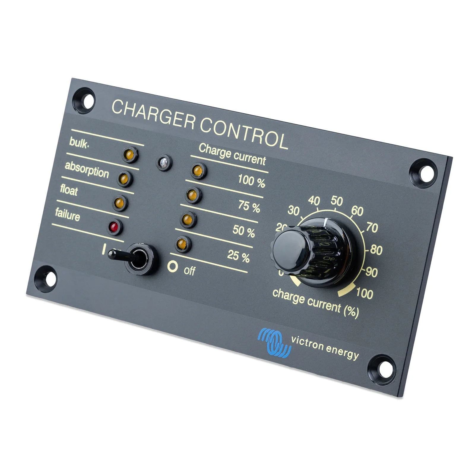 Side profile of the Victron charger control panel highlighting the slim mounting plate and recessed screw holes