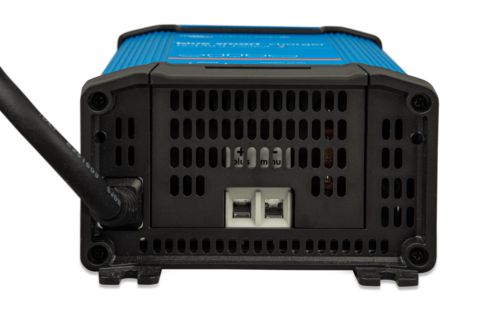 Bottom view of battery charger showing ventilation grille and DC output terminals