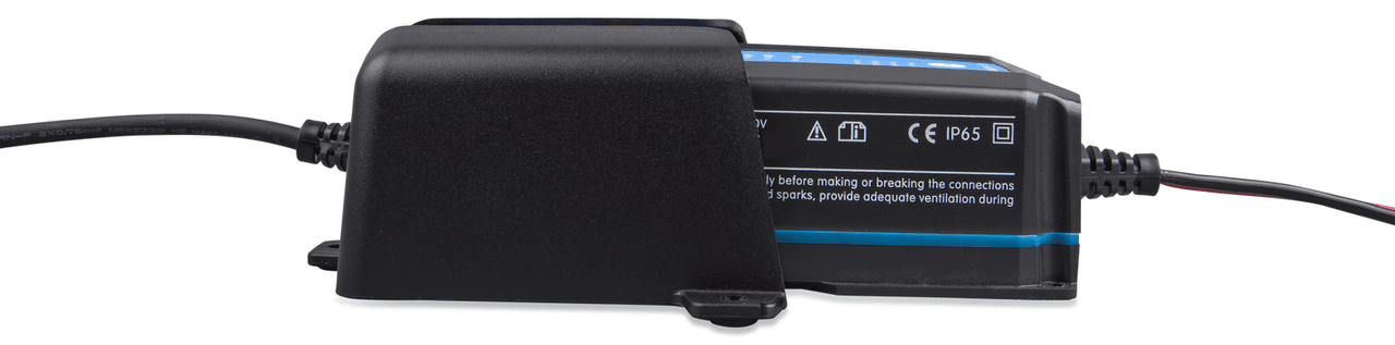 Side view of Blue Smart IP65 battery charger mounted in black wall bracket