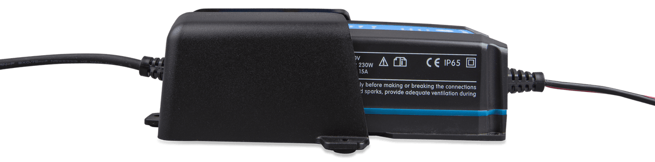 Side profile of a Victron IP65 charger inserted into a black wall mount holster