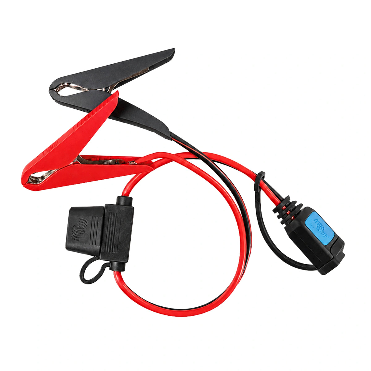 Red and black battery clamps with inline 30A fuse holder and quick-connect plug