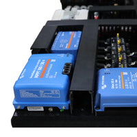 Low angle side profile of pre-wired board showing component height and cable slots