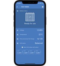 Smartphone screen showing VictronConnect app monitoring battery voltage and cell status