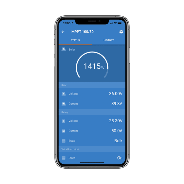 Smartphone displaying the VictronConnect app with real-time solar and battery status
