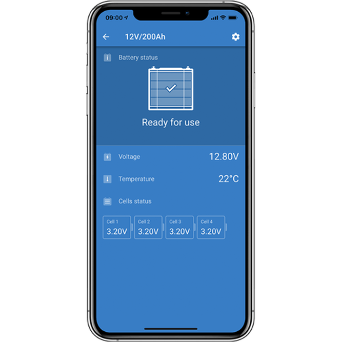 Smartphone screen showing VictronConnect app monitoring battery voltage, temperature and cell status