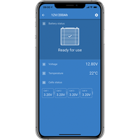 Smartphone screen showing VictronConnect app monitoring battery voltage, temperature and cell status