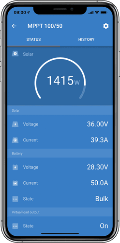 Mobile app screenshot displaying real-time solar wattage, voltage, and battery charging status