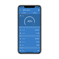 VictronConnect mobile app interface displaying real-time solar wattage and battery status
