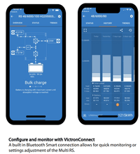 VictronConnect mobile app interface showing system status and historical energy data
