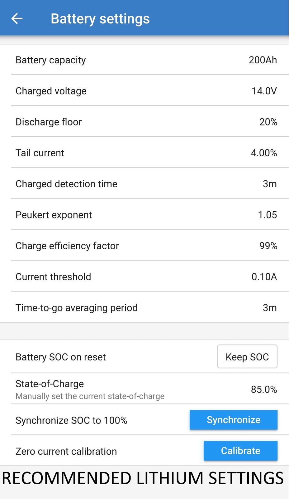 Battery settings screen in VictronConnect app for lithium battery configuration