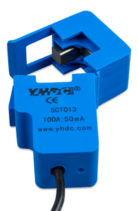 Close-up of blue current transformer with 100A to 50mA rating and SCT013 model markings