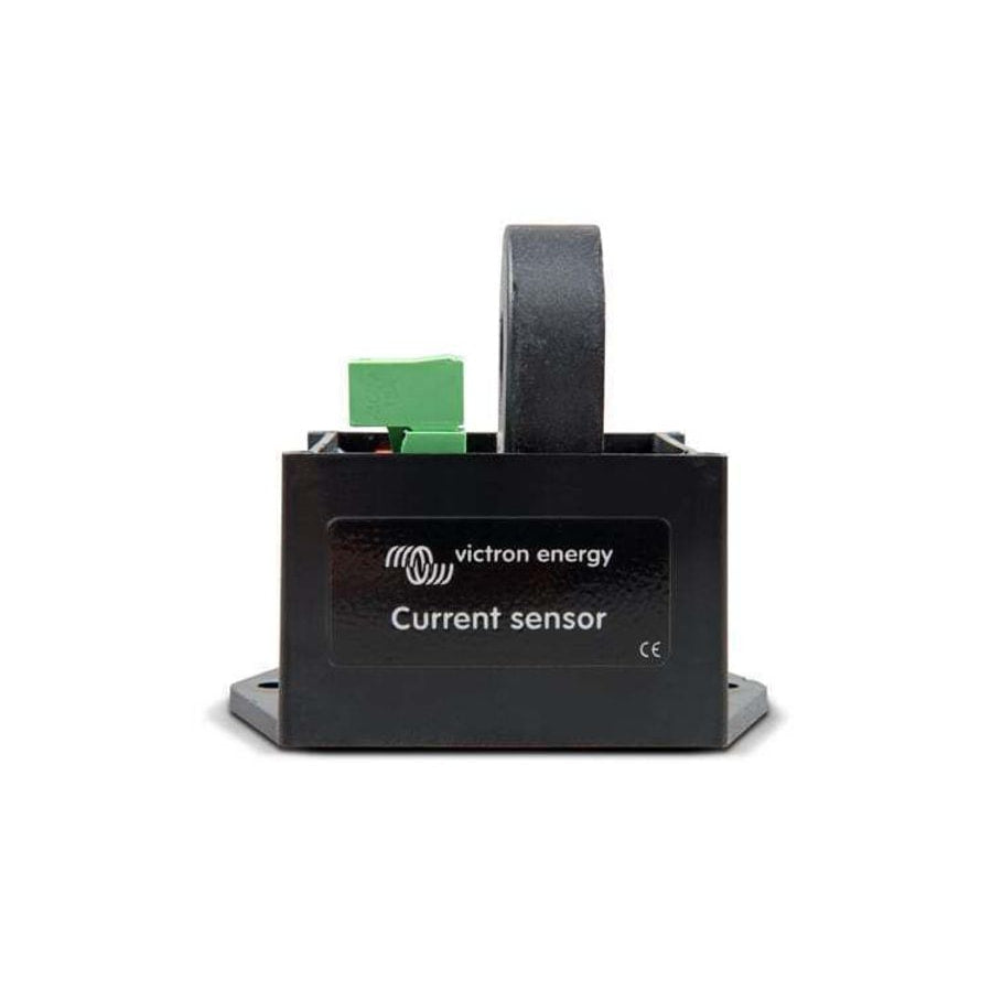 Front view of black Victron current sensor featuring logo and current transformer ring