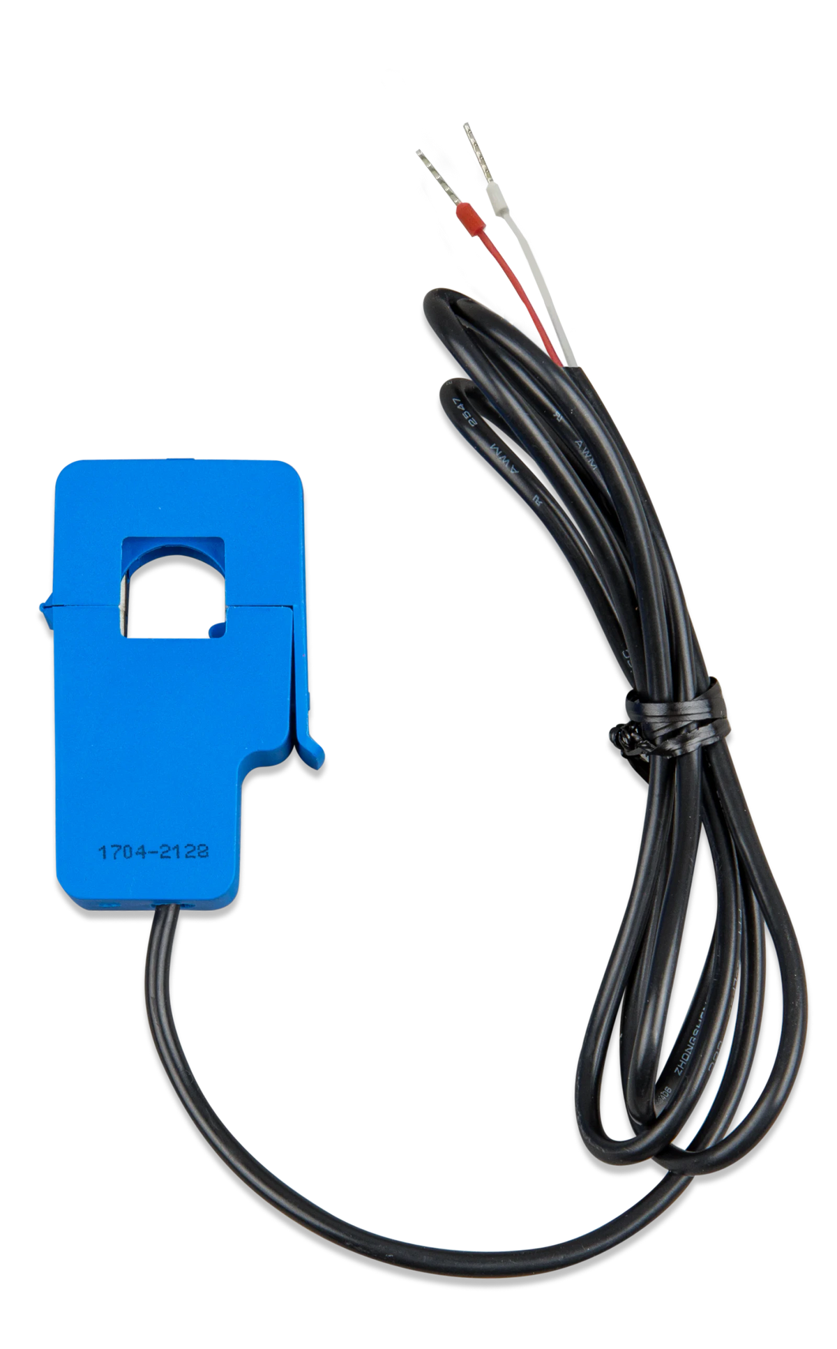 Blue current transformer clamp with coiled 20m black cable and ferrule wire ends
