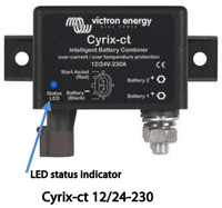 Victron Cyrix-ct 230A front panel with blue LED status indicator highlighted