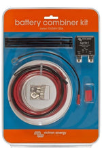 Victron battery combiner kit in retail packaging with relay, cables, cable ties, and terminals