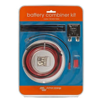 Victron battery combiner kit in retail packaging with relay, cables, cable ties, and terminals