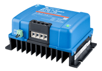 Isometric view of the blue DC-DC charger showing the large black cooling heatsink base