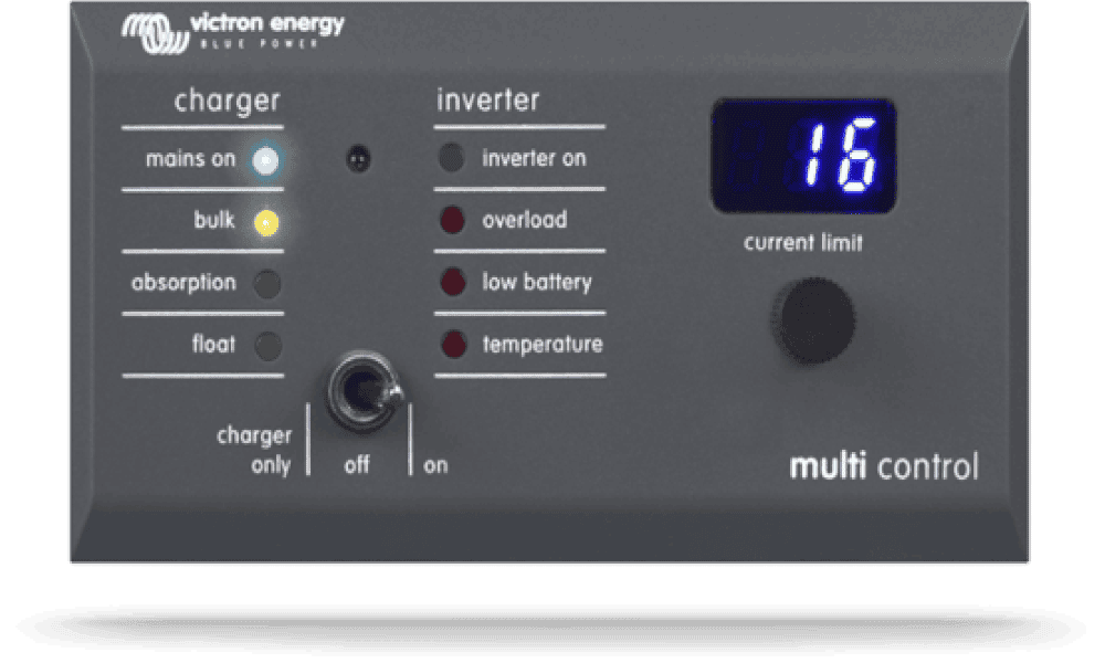 Front panel of Victron Digital Multi Control with LED status indicators, rotary knob and digital display