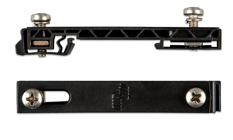 Profile and top-down views of a large black plastic DIN35 rail adapter with M4 mounting screws