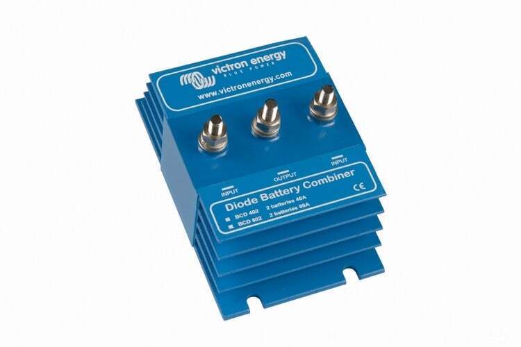 Angled view of diode battery combiner showing blue aluminium cooling fins