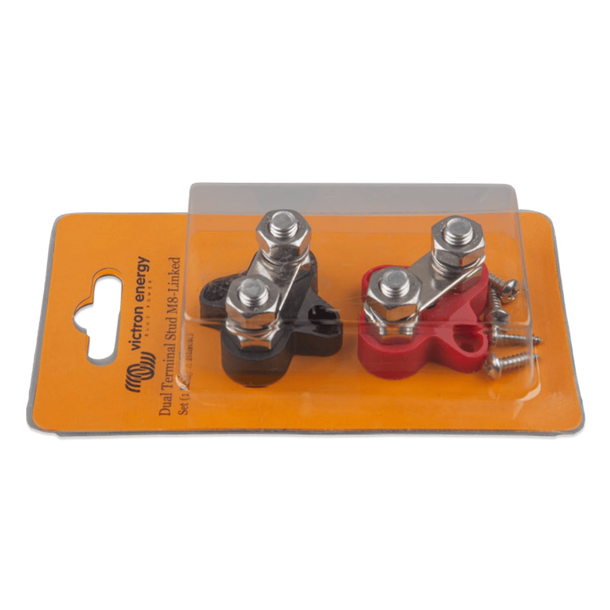 Retail packaging for Victron dual terminal stud M8-linked set including one red and one black block