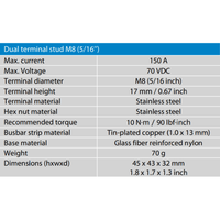 Technical specifications table for Victron M8 dual terminal studs including 150A current rating
