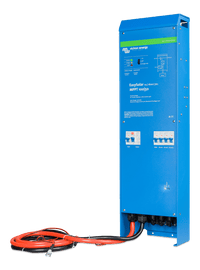 Right-angled view of the slim aluminium Victron EasySolar unit with attached battery cables