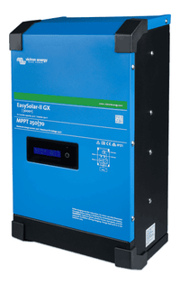 Angled front view of blue Victron EasySolar-II 24V 3000VA inverter charger with digital status display