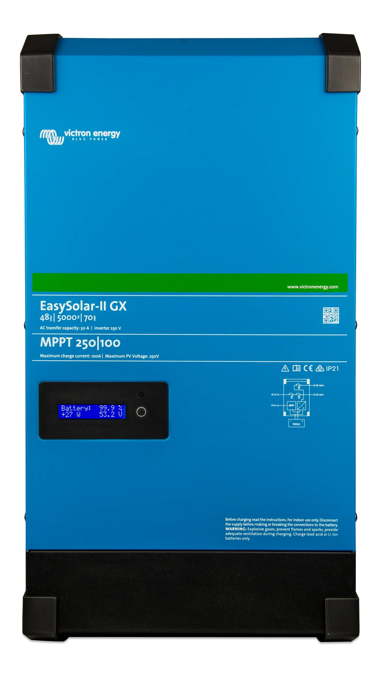 Front view of blue Victron EasySolar-II GX 48/5000 inverter with digital status display