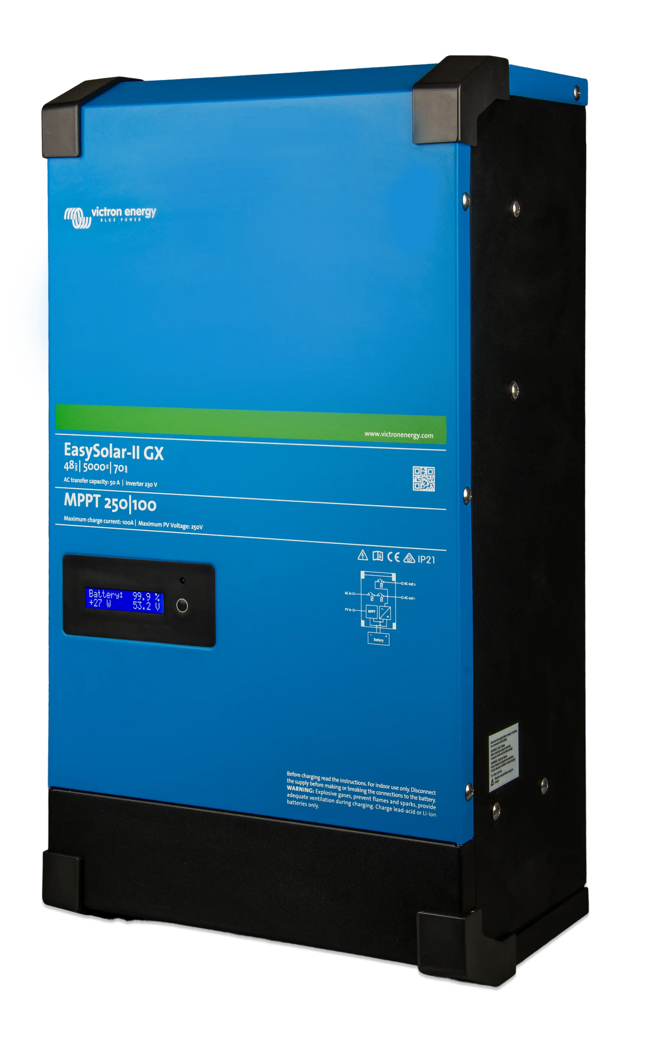 Perspective view of Victron EasySolar-II GX showing blue front panel and black side enclosure