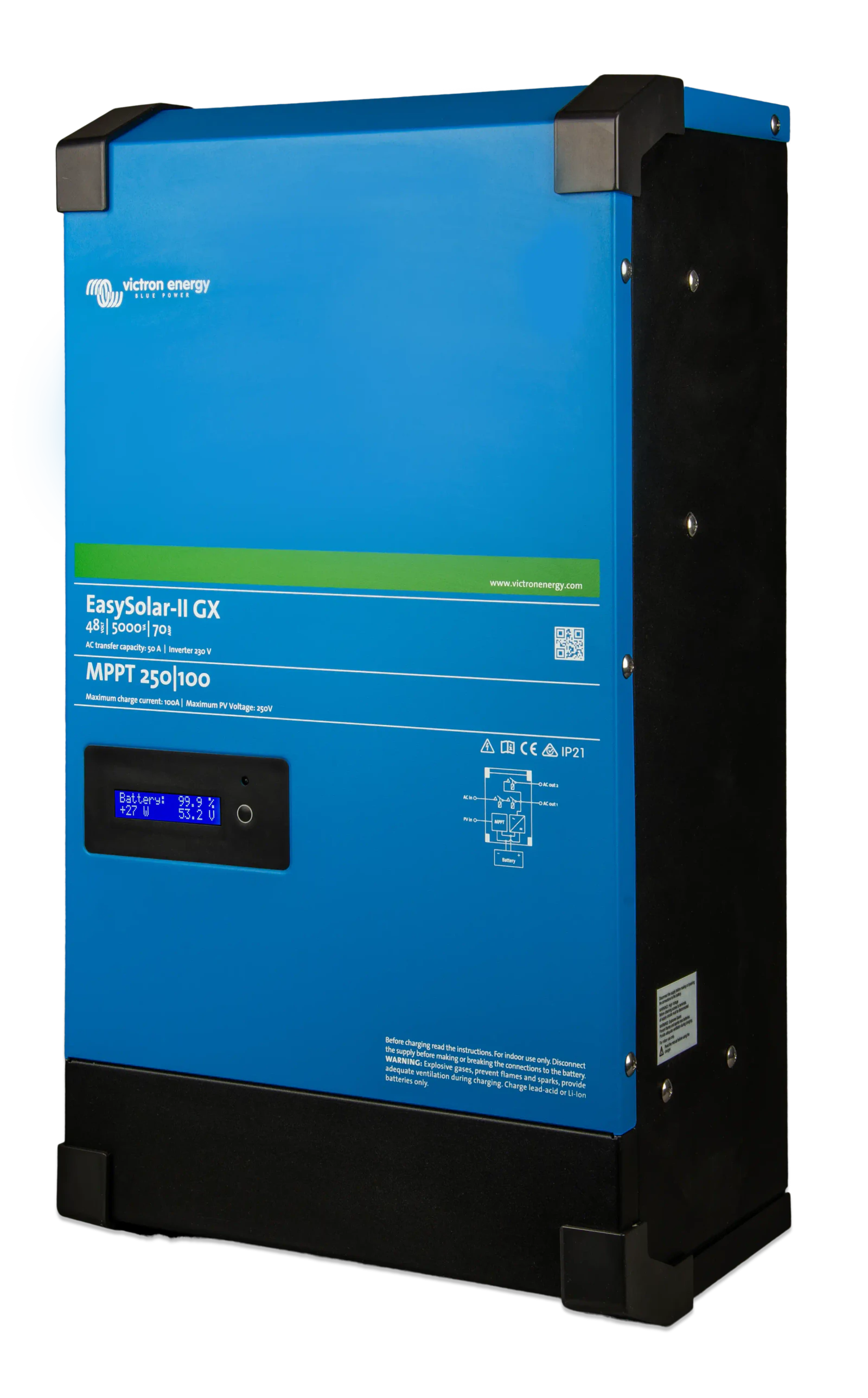 Perspective view of Victron EasySolar-II GX showing blue front panel and black side enclosure