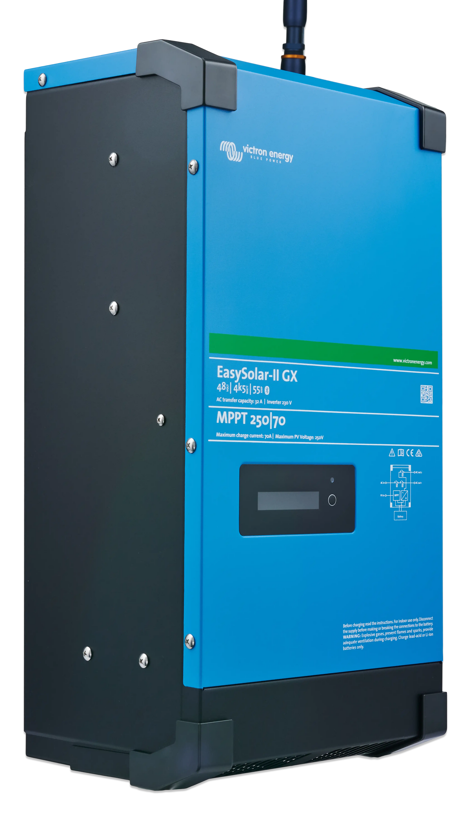 Side profile of the Victron EasySolar-II GX showing the blue metal chassis and black base