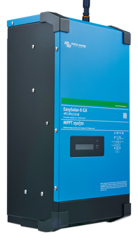 Side profile of the Victron EasySolar-II GX showing the blue metal chassis and black base