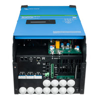 Bottom connection panel of EasySolar-II GX showing AC terminals, PV inputs, and communication ports
