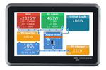 Ekrano GX 7-inch touch screen display showing power system overview and monitoring