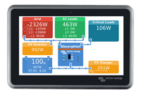 Ekrano GX 7-inch touch screen display showing power system overview and monitoring