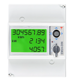 Front view of Victron EM24 3-phase energy meter with backlit LCD screen and navigation controls
