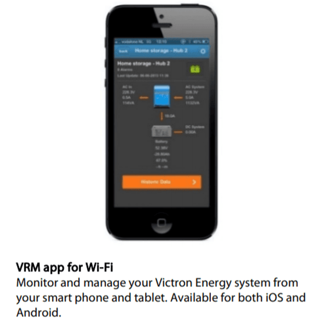 Smartphone screen displaying the Victron Energy VRM app dashboard for remote system control