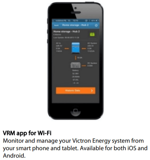 Smartphone screen displaying the Victron Energy VRM app dashboard for remote system control