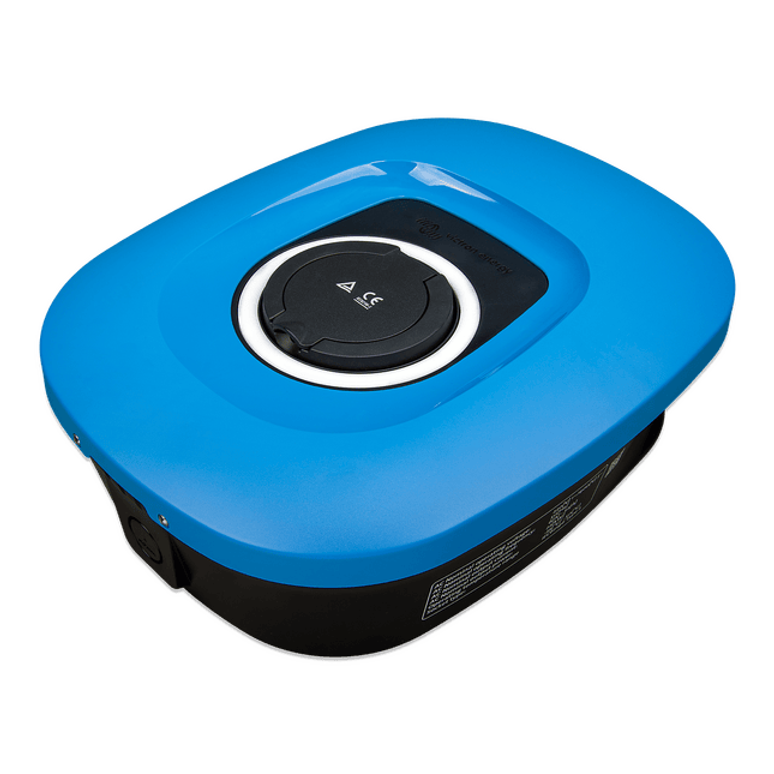 Angled top-down view of the blue Victron EV charging station showing the curved enclosure design
