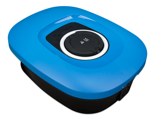 Left side perspective of the Victron EV charging station with a blue cover and black base