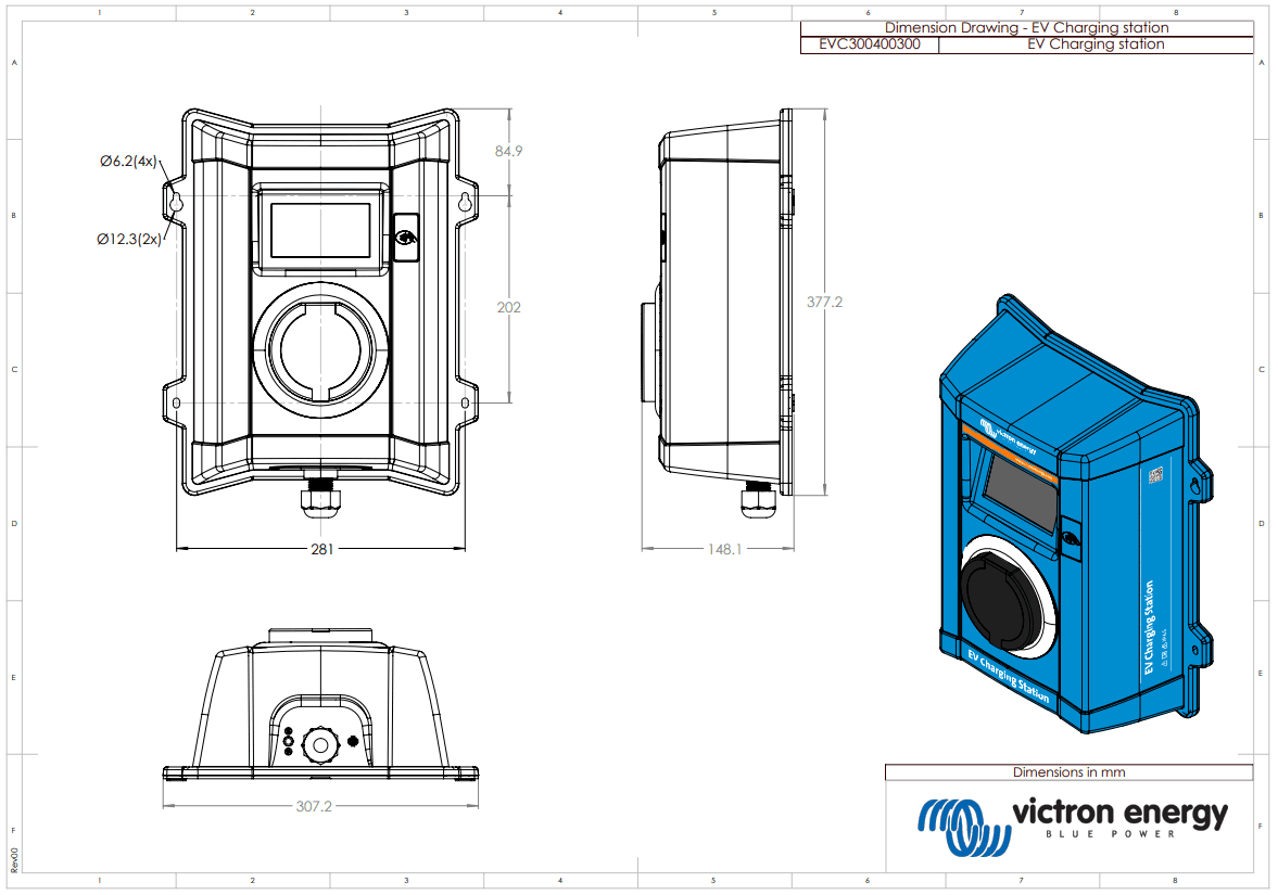 Technical dimensional drawing of the EV charging station showing height, width, and depth in millimetres