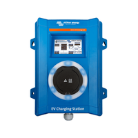 Front view of blue Victron EV charging station featuring a circular light ring and integrated LCD screen