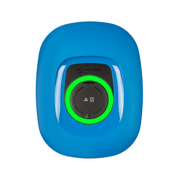 Front view of blue Victron EV charging station with a circular green LED status light ring