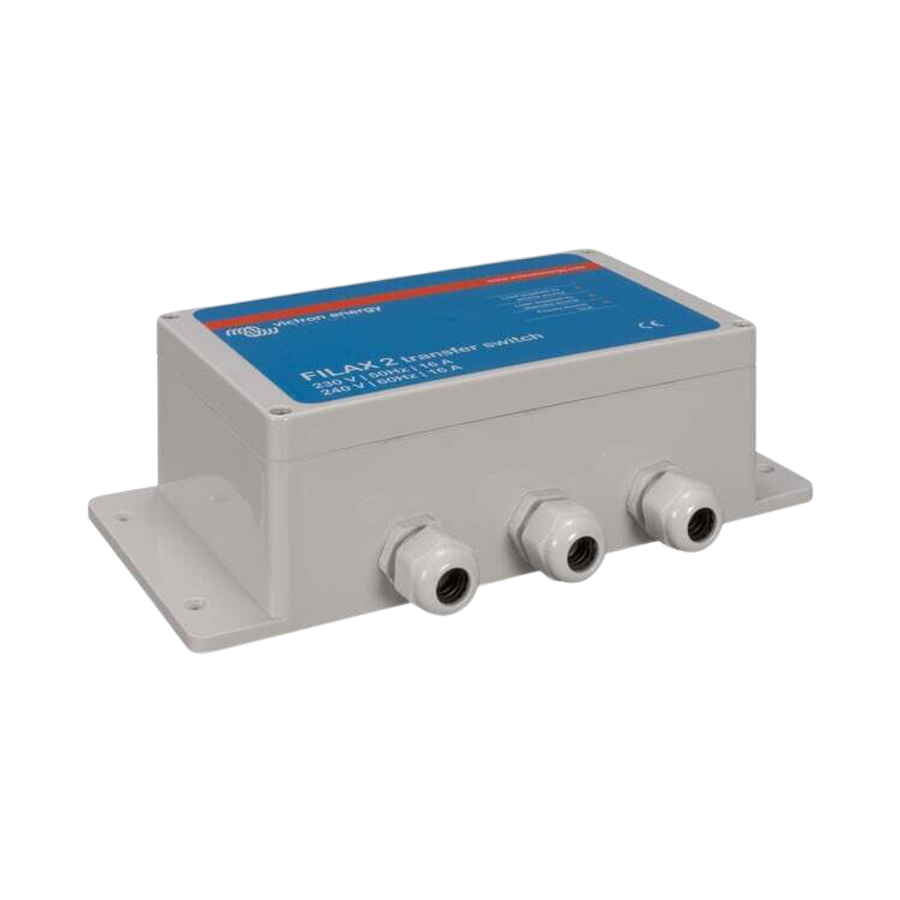 Three-quarter view of the Filax 2 transfer switch showing the depth of the grey ABS enclosure