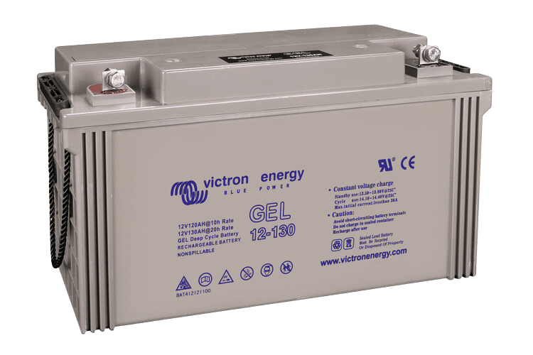 Isometric view of Victron 130Ah deep cycle battery with integrated carry handles