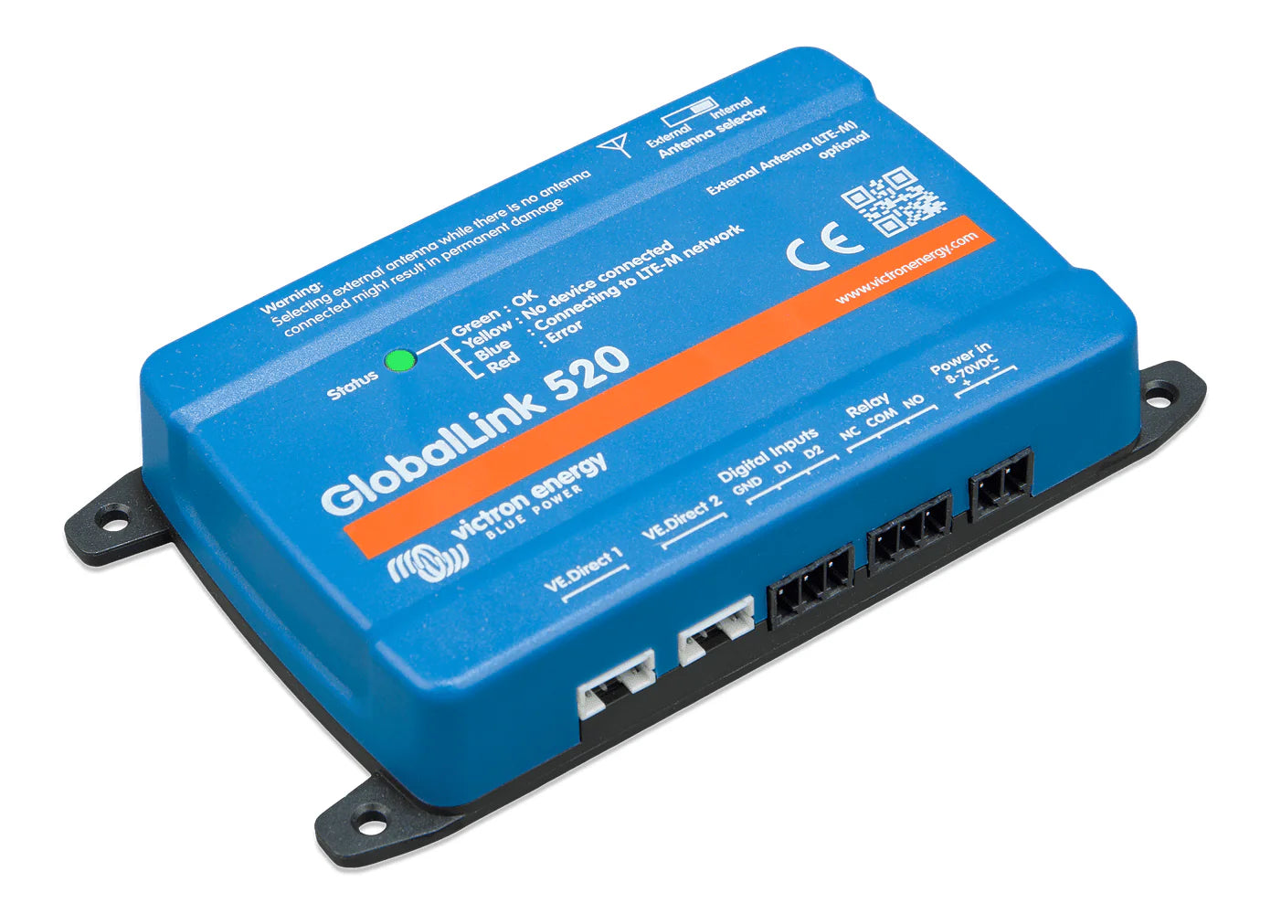 Isometric view showing the compact blue hardware housing and mounting ears of the GlobalLink 520